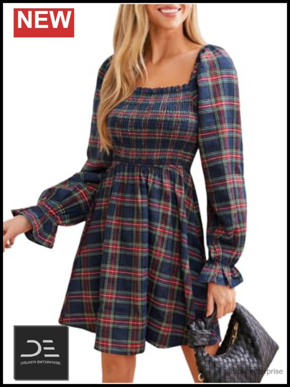 Plaid Mini Dress Smocked Long Sleeve Ruffle Cuff A-Line Casual Party